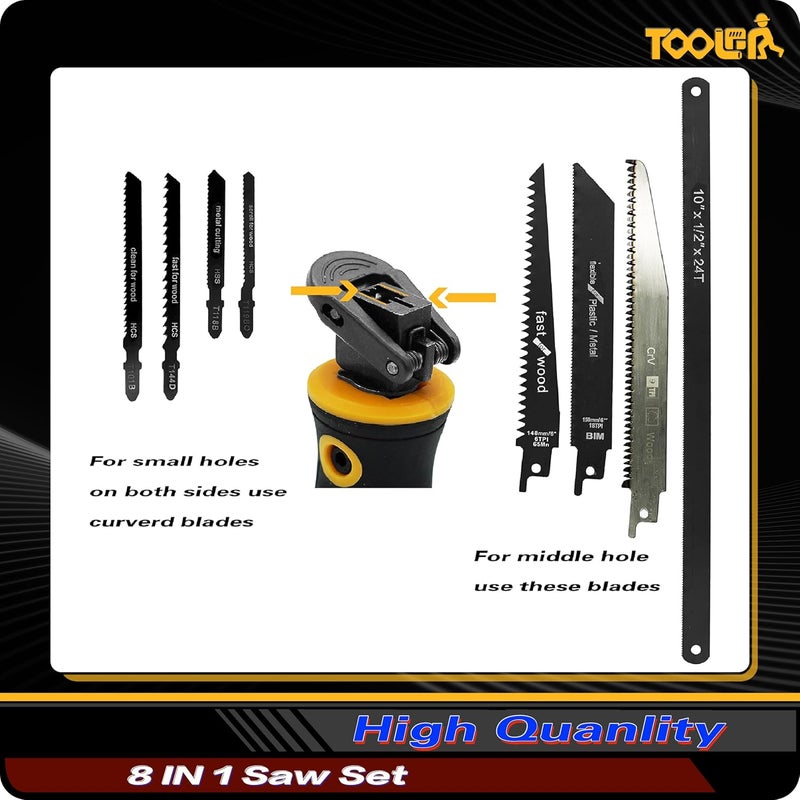 TOOLAN 8-In-1 Multi Blades Hand Saw, Drywall Cutter. Hacksaw. Long Blade Hand Saw, Jab Saw, For Cutting Drywall, Sheetrock, Wood, Metel, Plastic, Plywood. Blade Quick Change Mechanism. - Image 2